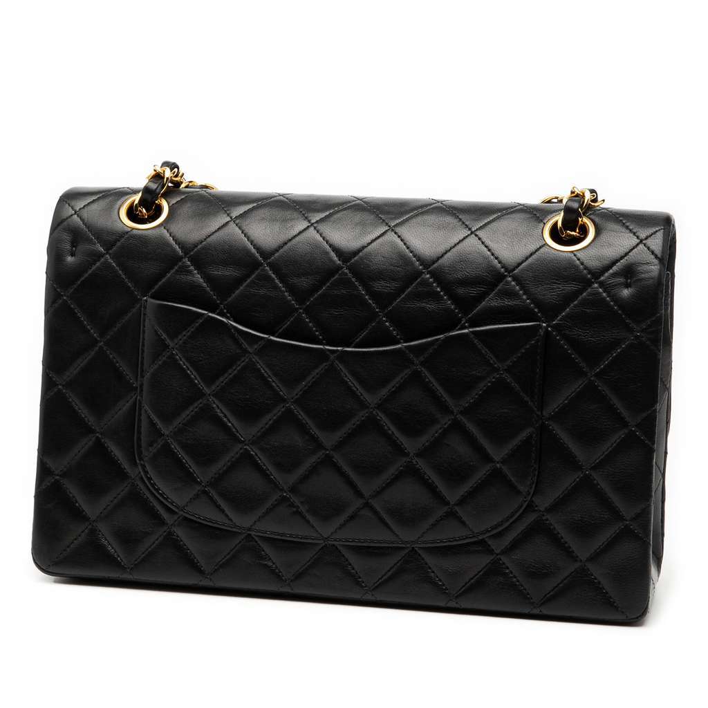 Chanel Medium Classic Lambskin Double Flap Black Leather Good - Back View