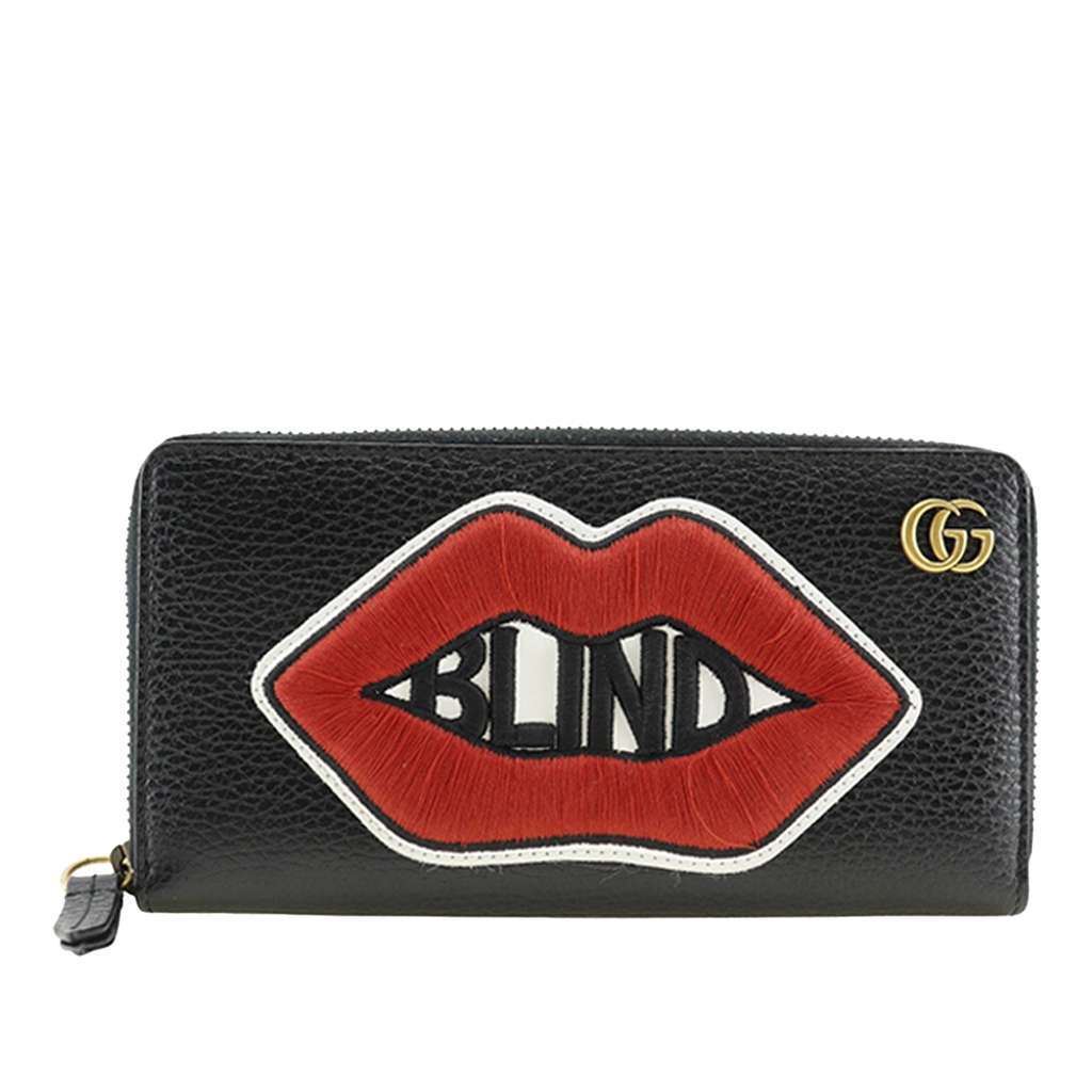 Gucci GG Marmont Pebbled Calfskin Embroidered Blind For Love Zip Around Wallet Black Leather Very good - Front View