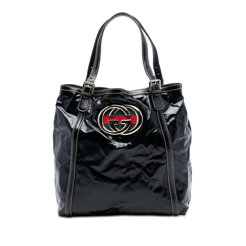 Gucci Patent Dialux Britt Web Tote Black Leather Very good - Front View