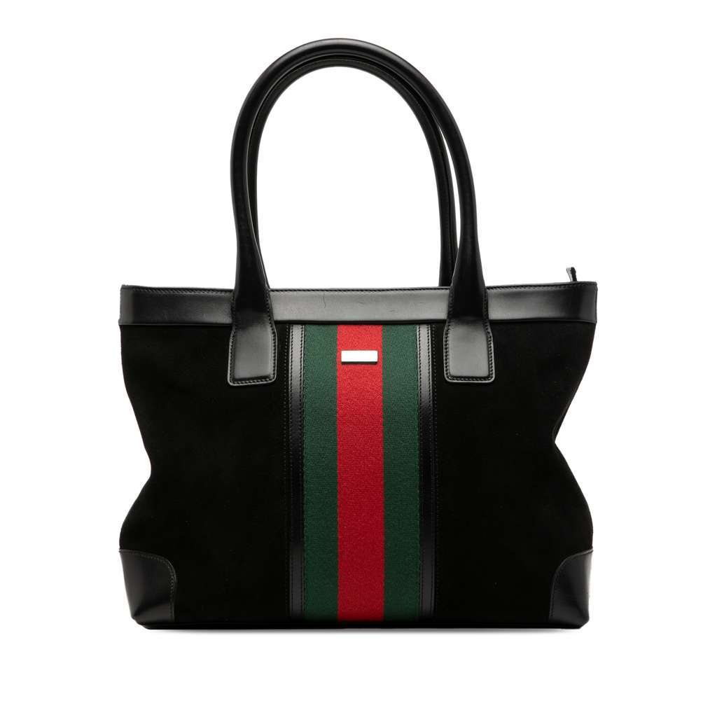 Gucci Suede Web Tote Black Leather Good - Front View