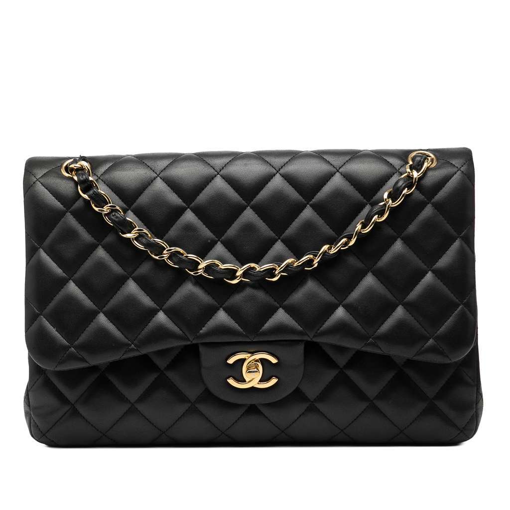 Chanel Jumbo Classic Lambskin Double Flap Black Leather Very good condition - Front View
