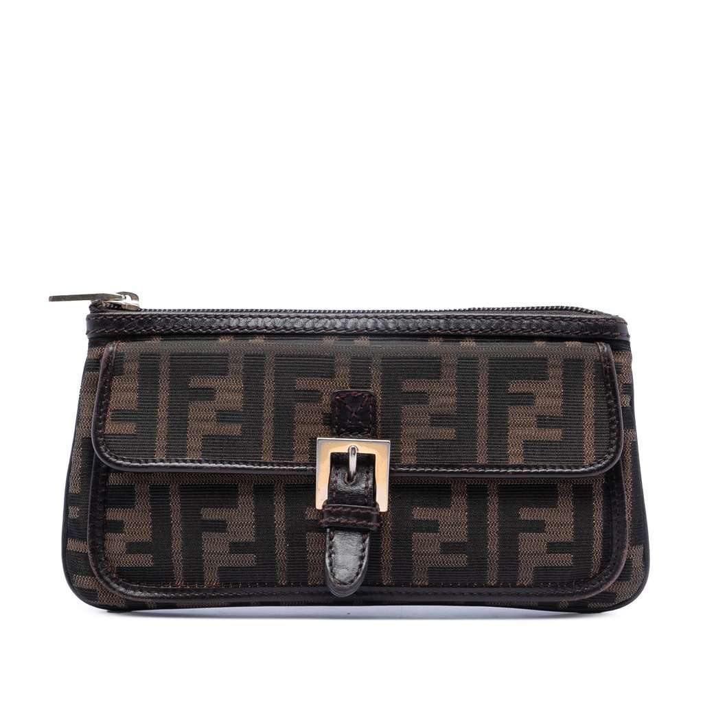 Fendi Zucca Canvas Zip Clutch Brown Canvas Good - Front View