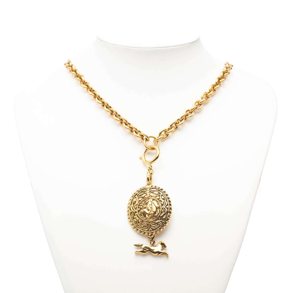 Chanel Gold Plated Knight Horse Pendant Necklace Gold Metal Very good - Model View
