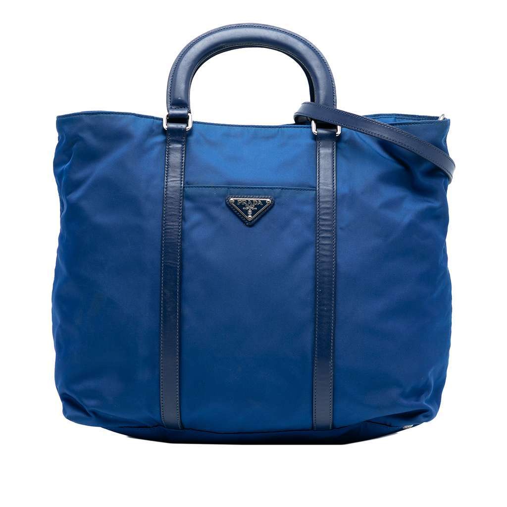 Prada Vitello Trimmed Tessuto Satchel Blue Very good - Front View