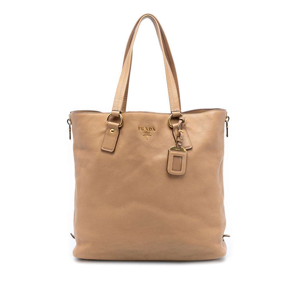 Prada Vitello Daino Side Zip Shopper Tote Brown Leather Very good condition - Front View
