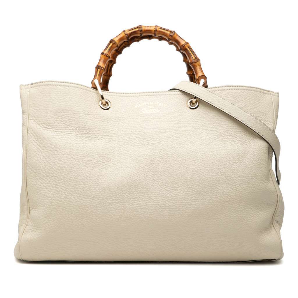 Gucci Large Calfskin Bamboo Shopper Satchel White Leather Good - Front View