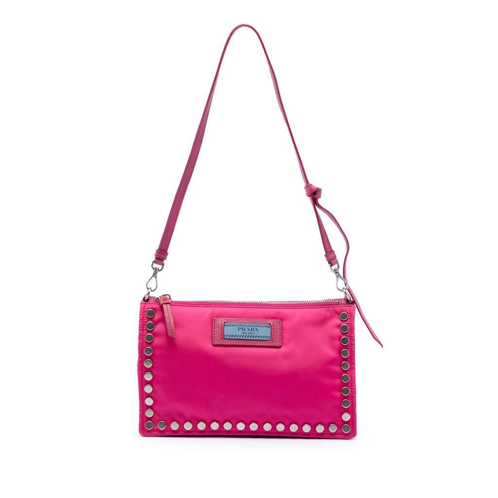 Prada Tessuto Studded Etiquette Shoulder Bag Pink Very good - Front View