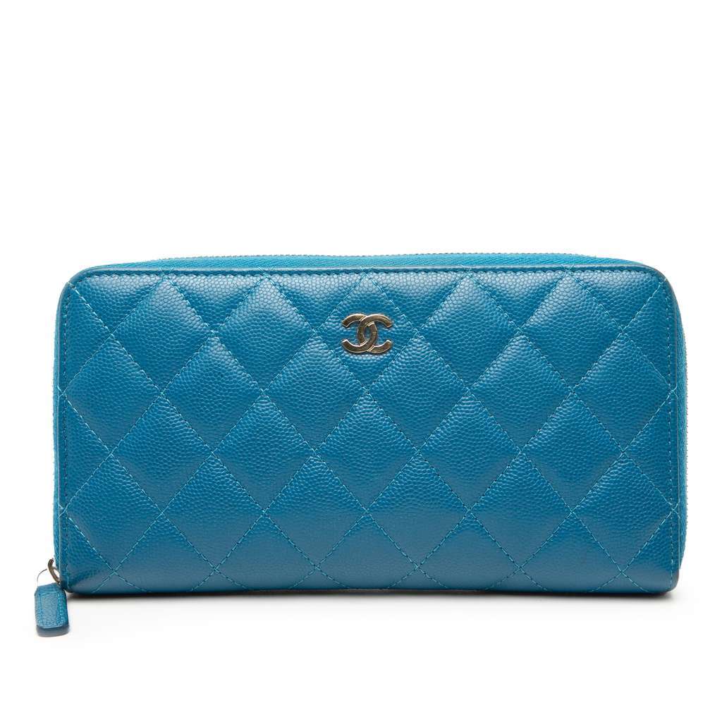 Chanel CC Quilted Caviar Zip Around Long Wallet Blue Leather Very good - Front View