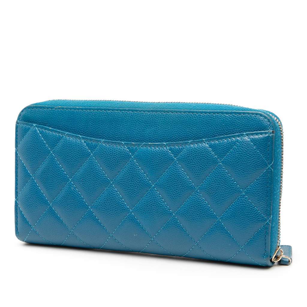 Chanel CC Quilted Caviar Zip Around Long Wallet Blue Leather Very good - Back View