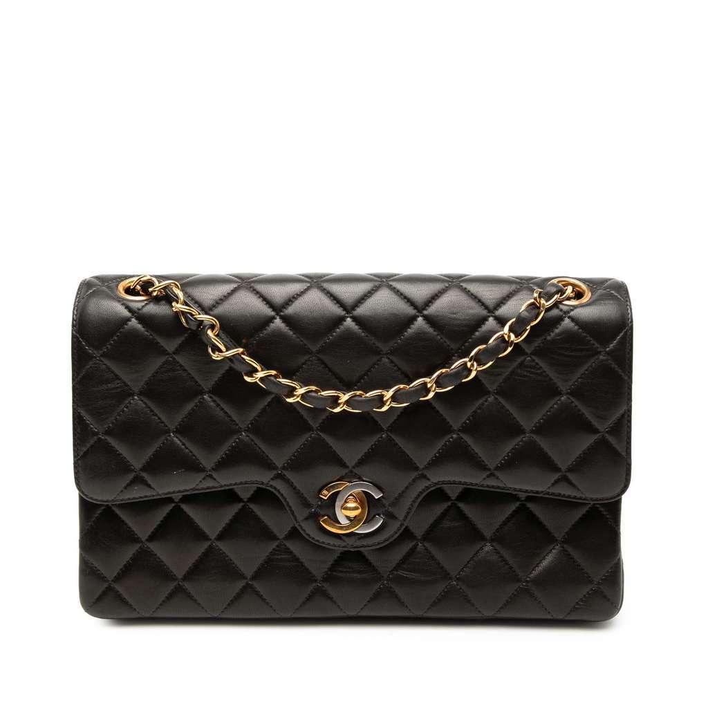 Chanel Medium Quilted Lambskin Gold and Silver Combo CC Double Flap Black Leather Very good condition - Front View