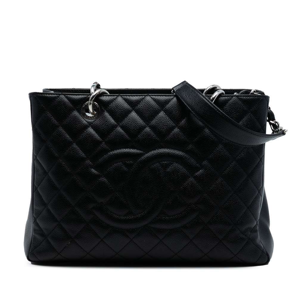 Chanel Caviar Grand Shopping Tote Black Leather Good - Front View