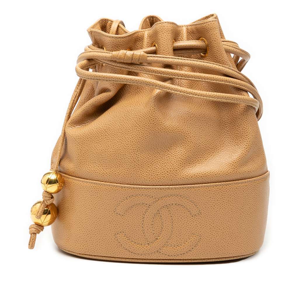 Chanel CC Caviar Drawstring Bucket Bag Brown Leather Good - Front View