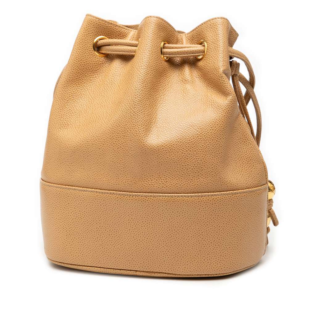 Chanel CC Caviar Drawstring Bucket Bag Brown Leather Good - Back View