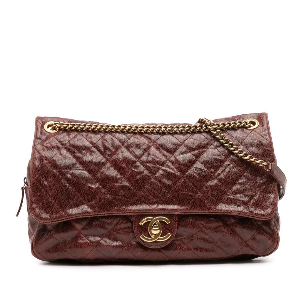 Chanel Large Quilted Glazed Caviar Shiva Flap Red Leather Fair - Front View