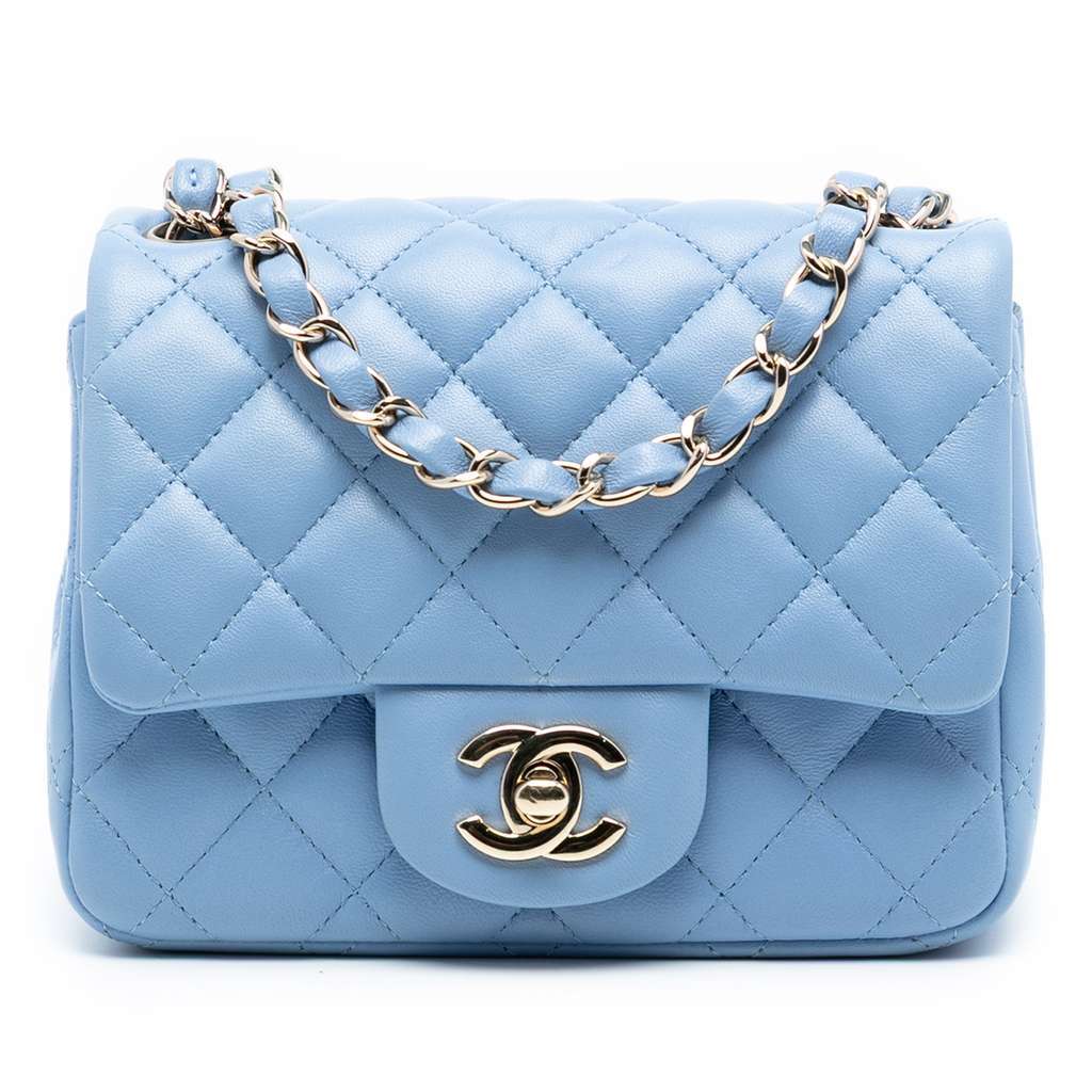 Chanel Mini Square Classic Lambskin Single Flap Blue Leather Good - Front View