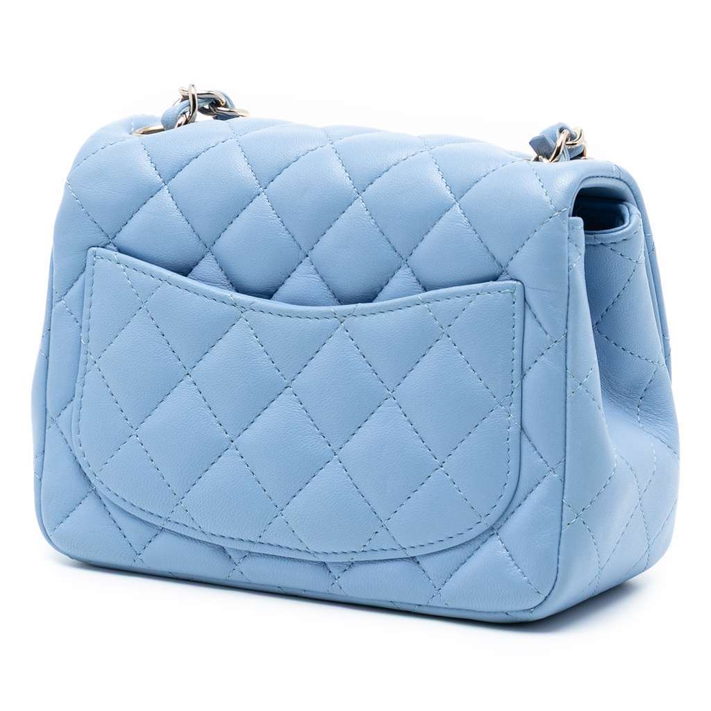 Chanel Mini Square Classic Lambskin Single Flap Blue Leather Good - Back View