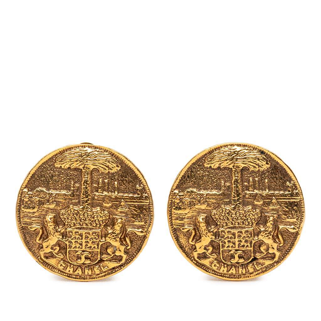 Chanel Gold Plated Medallion Coat of Arms Clip on Earrings Gold Metal Very good - Front View