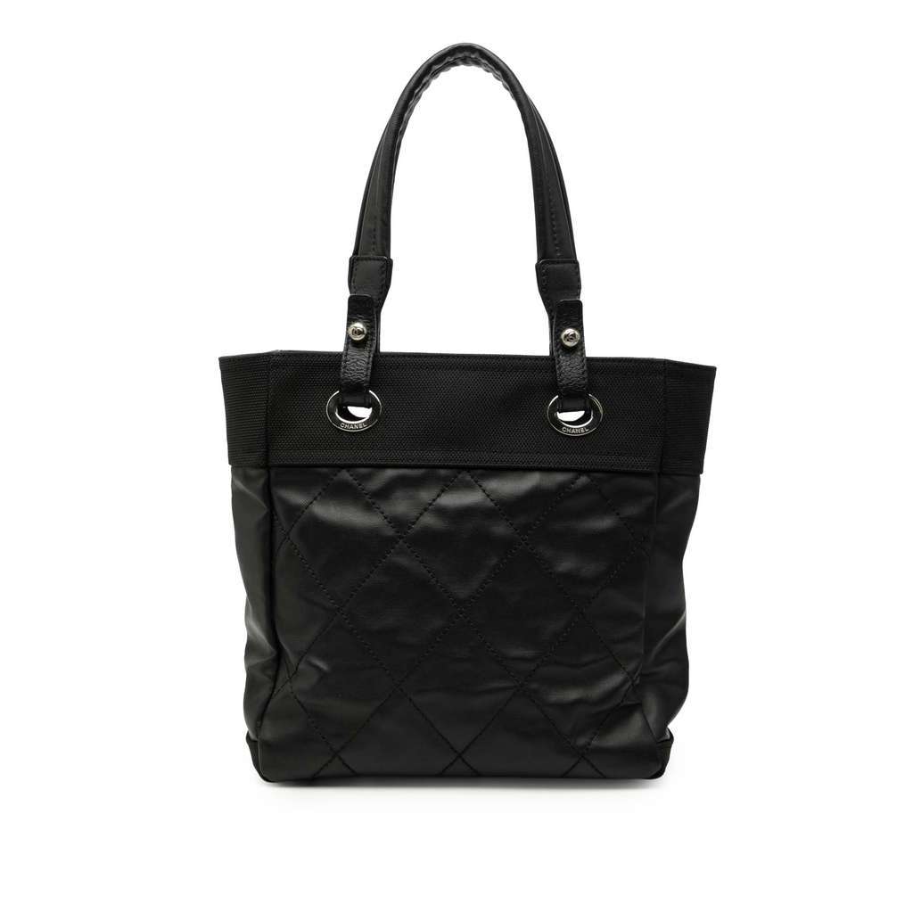 Chanel Small Quilted Coated Canvas Paris Biarritz Tote Black Canvas Very good - Front View