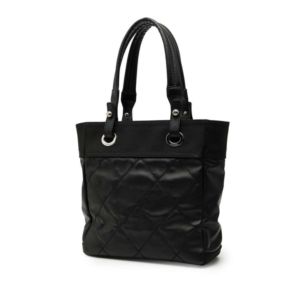 Chanel Small Quilted Coated Canvas Paris Biarritz Tote Black Canvas Very good - Back View