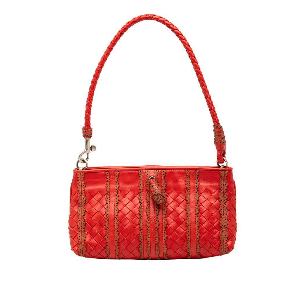 Bottega Veneta Leather Intrecciato Stripe Shoulder Bag Red Leather Very good - Front View