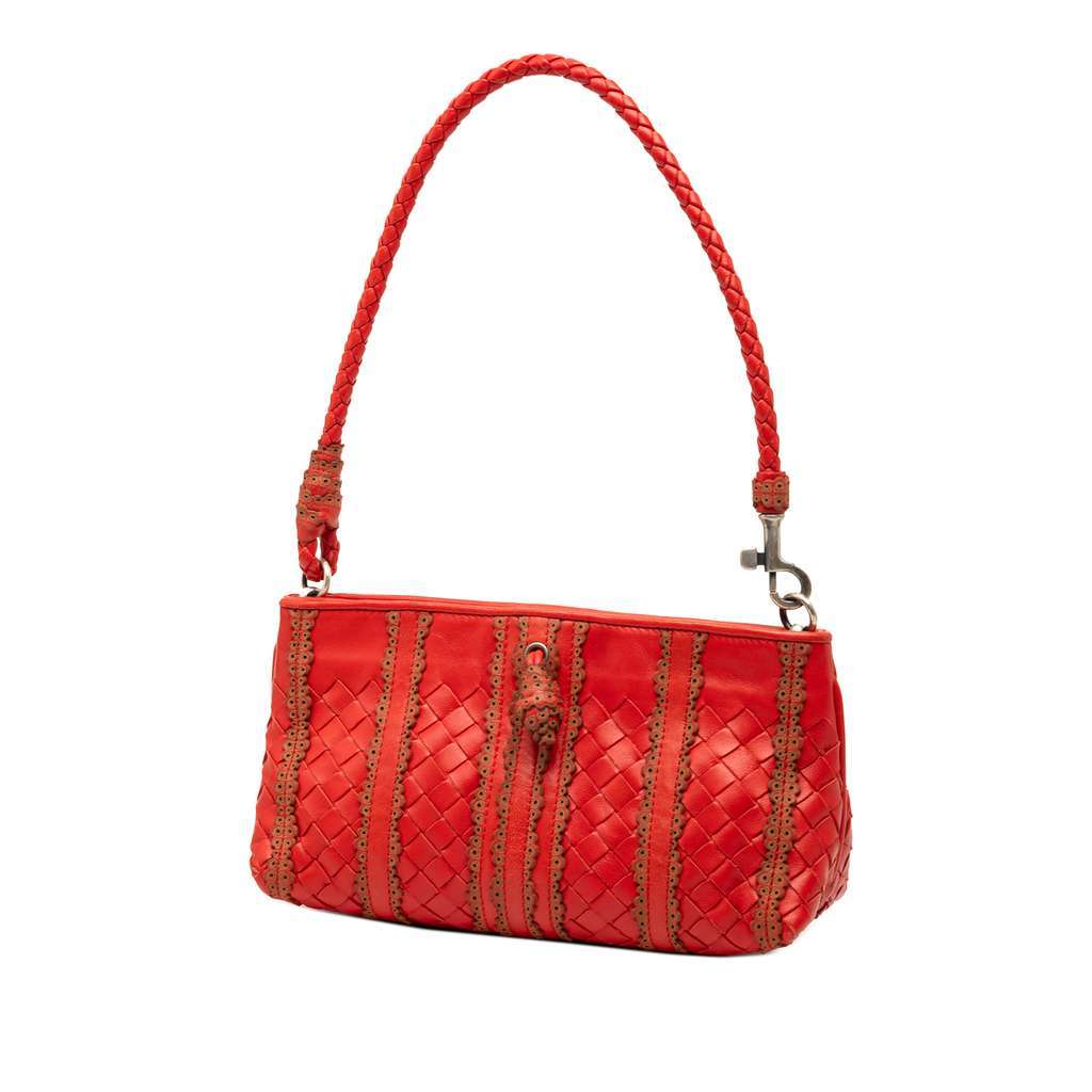 Bottega Veneta Leather Intrecciato Stripe Shoulder Bag Red Leather Very good - Back View