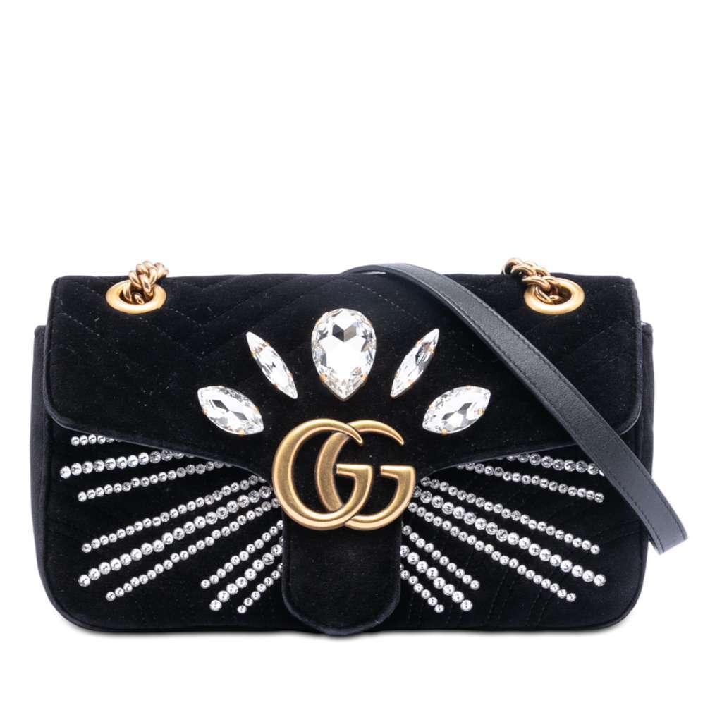 Gucci Medium GG Marmont Matelasse Velvet Crystal Embellished Shoulder Bag Black Velvet Very good condition - Front View