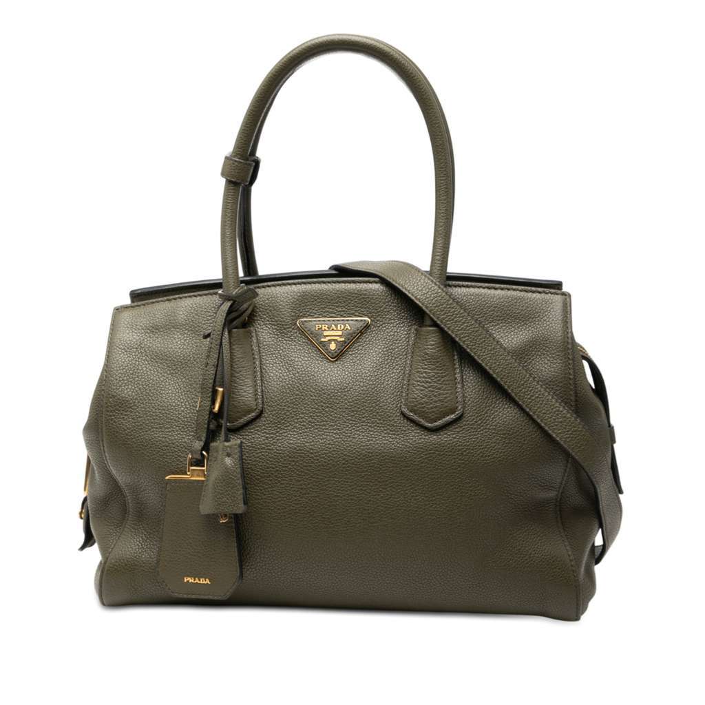 Prada Vitello Daino Zip Top Convertible Tote Green Leather Very good condition - Front View