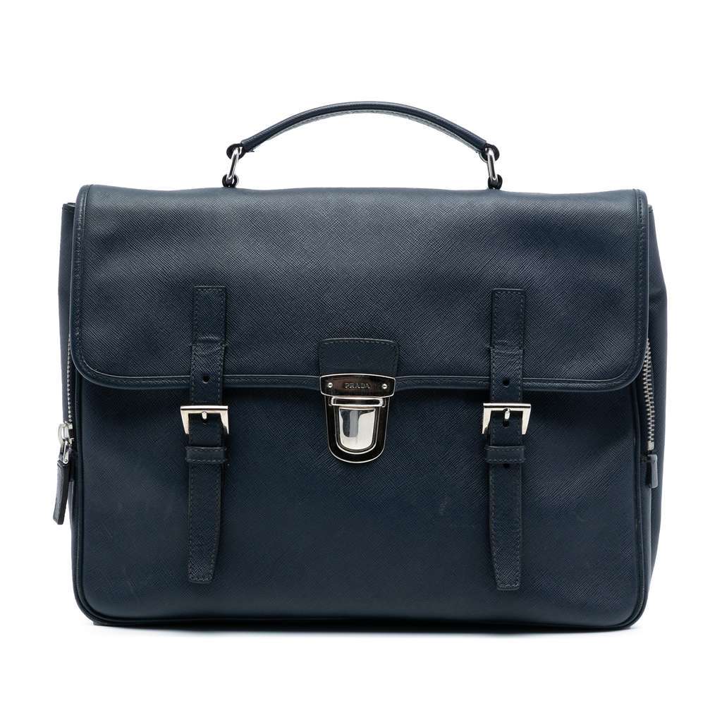 Prada Saffiano Double Buckle Briefcase Blue Leather Very good condition - Front View