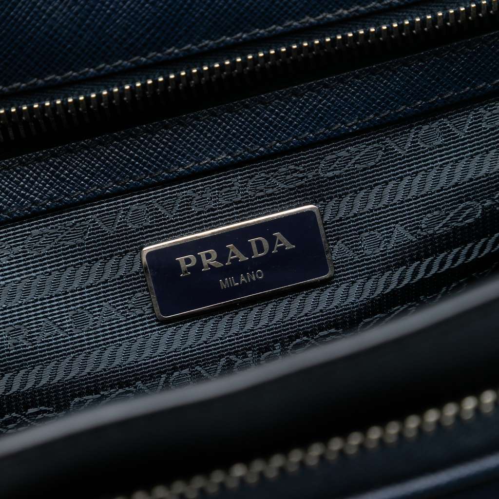 Prada Saffiano Double Buckle Briefcase Blue Leather Very good condition - Box View
