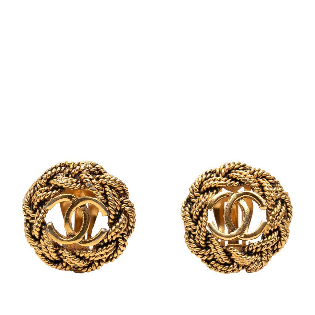 Chanel Gold Plated CC Twisted Rope Clip On Earrings Gold Metal Good - Front View