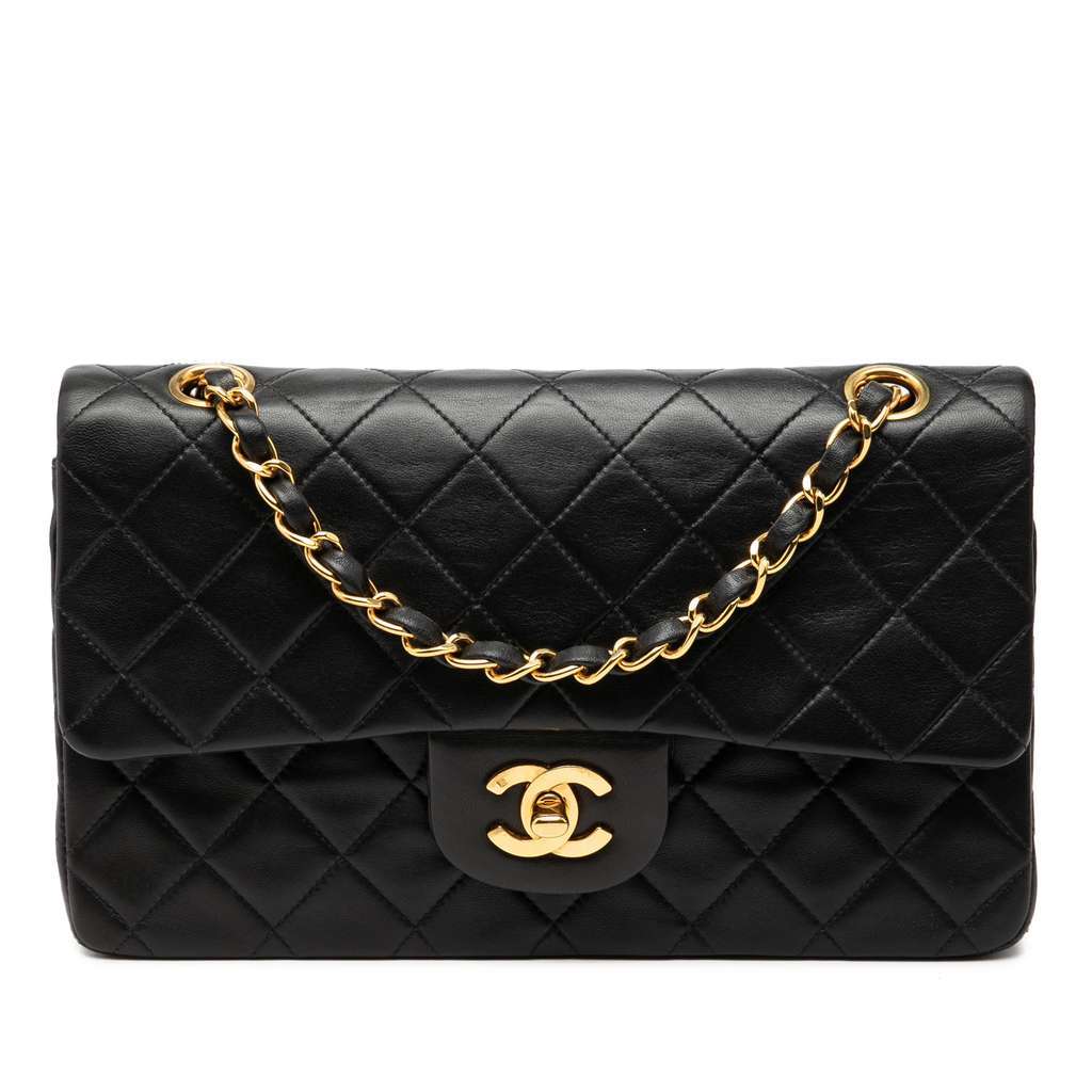 Chanel Small Classic Lambskin Double Flap Black Leather Good - Front View