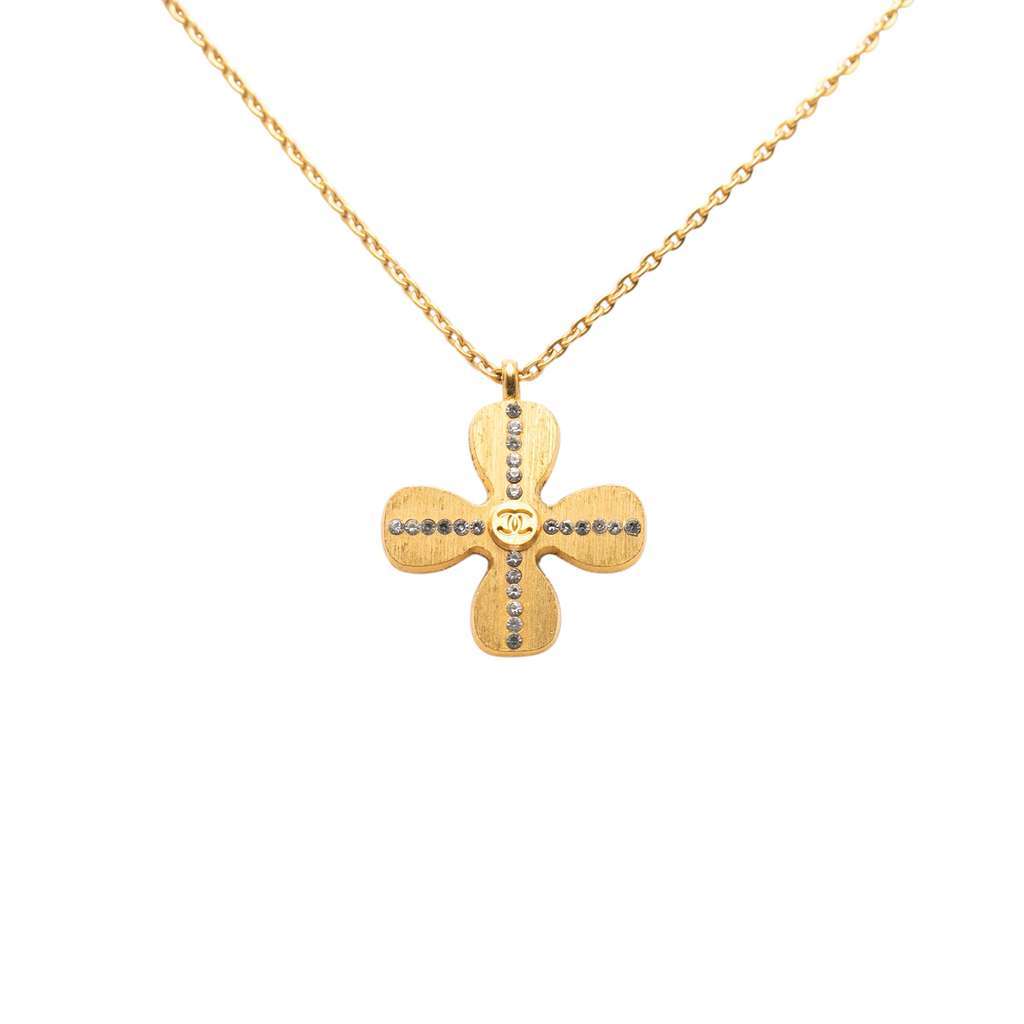 Chanel Gold Plated CC Crystal Clover Pendant Necklace Gold Metal Very good - Back View