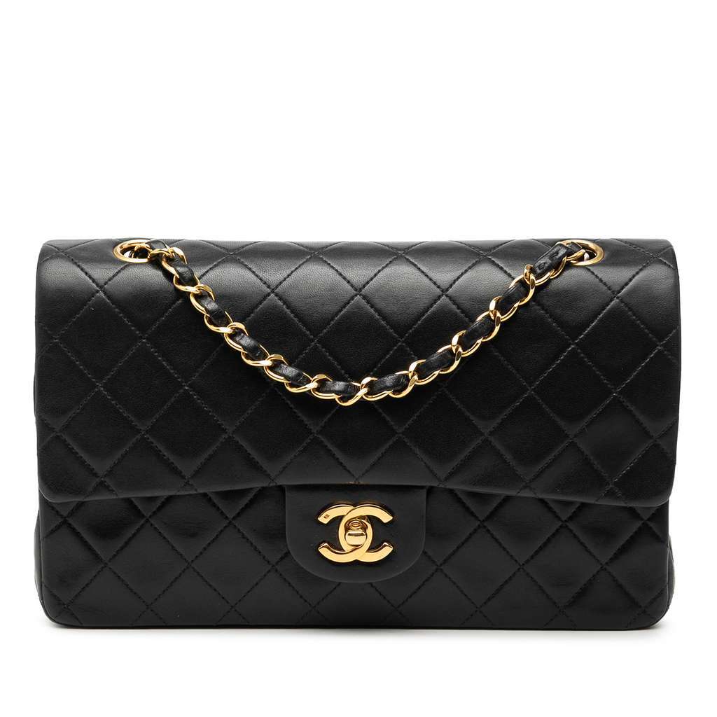 Chanel Medium Classic Lambskin Double Flap Black Leather Good - Front View