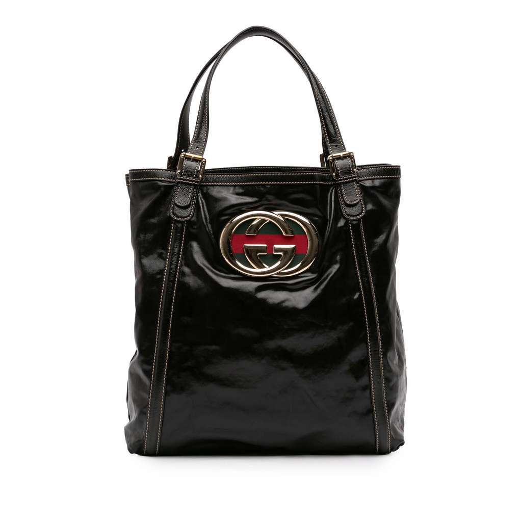 Gucci Patent Dialux Britt Web Tote Black Leather Very good - Front View