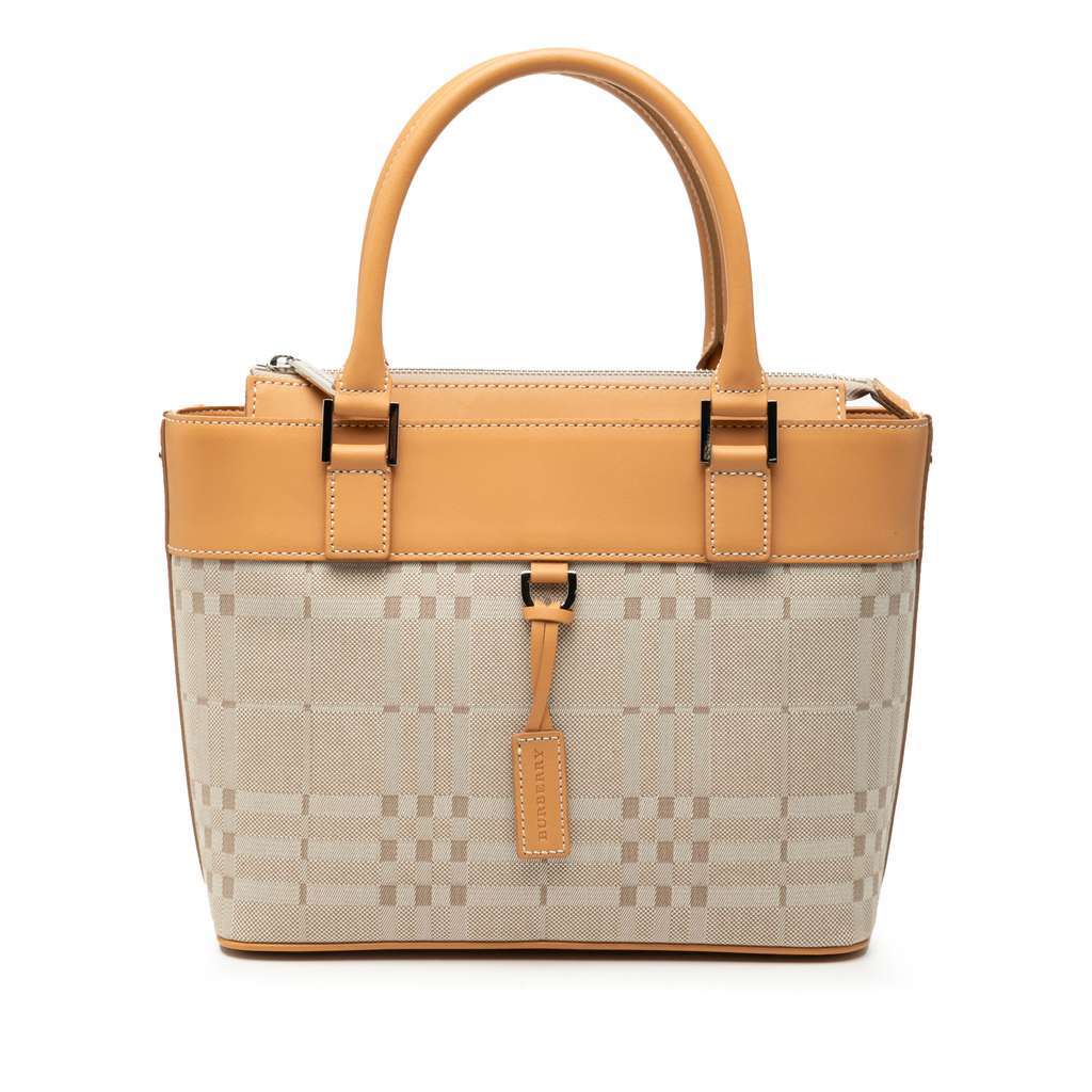 Burberry Leather Trimmed Tonal Check Canvas Handbag Brown Canvas Very good - Front View