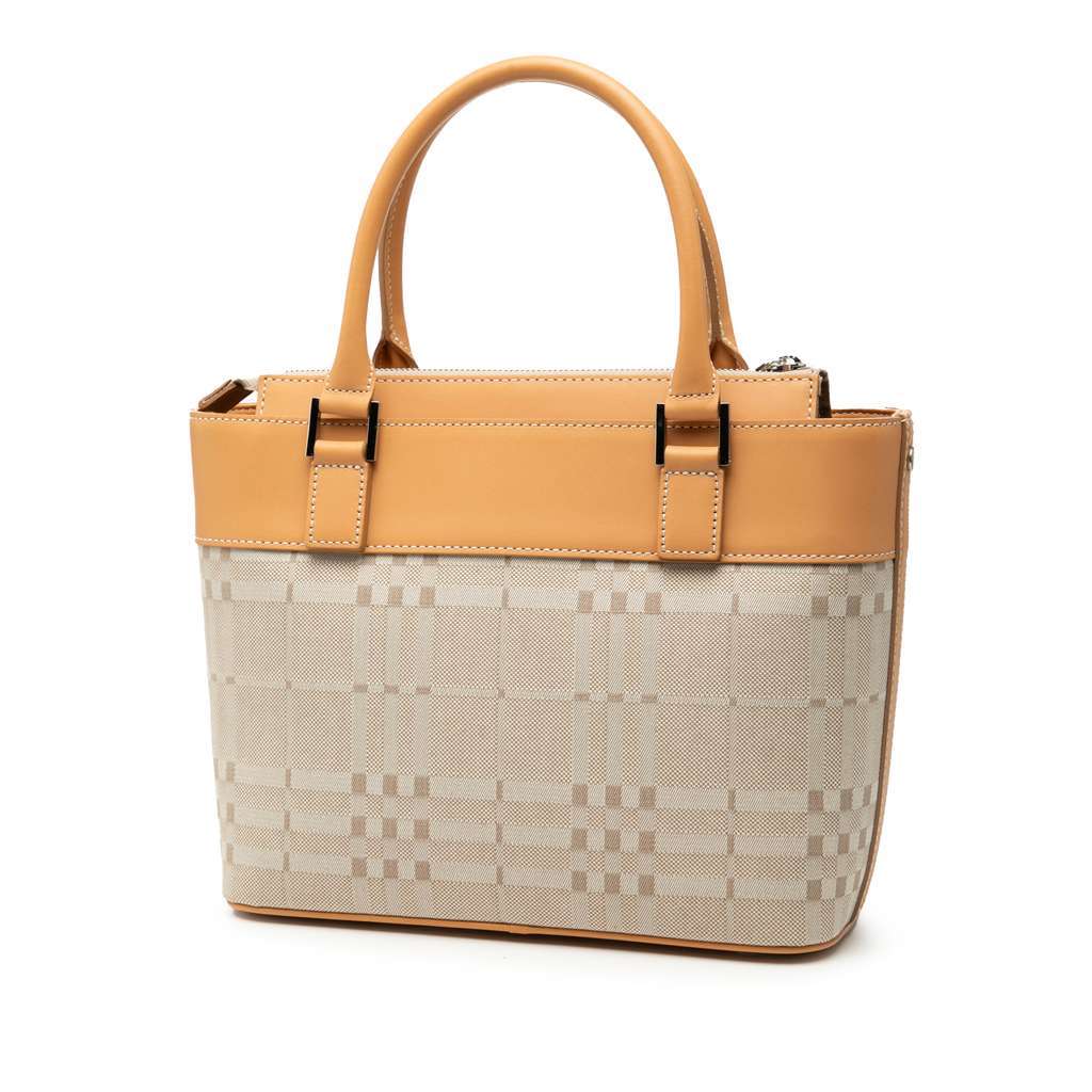 Burberry Leather Trimmed Tonal Check Canvas Handbag Brown Canvas Very good - Back View