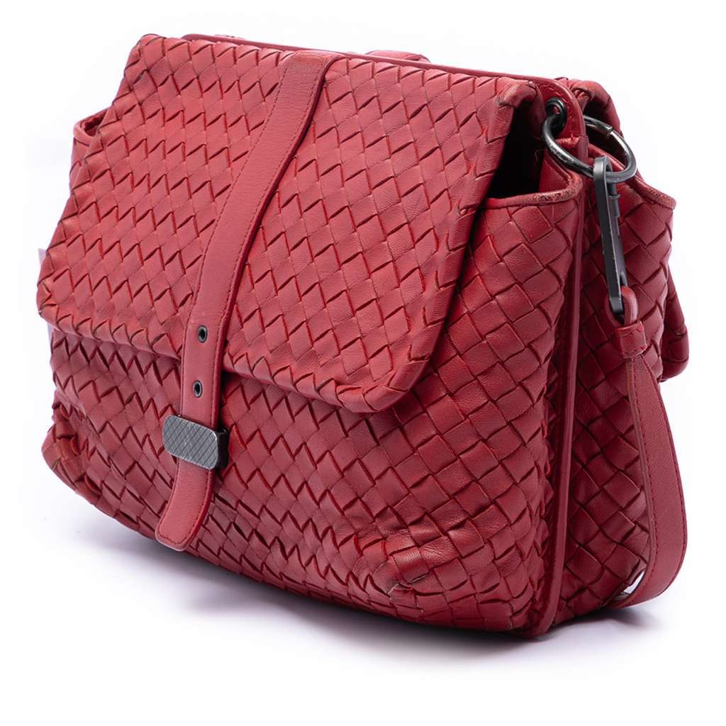 Bottega Veneta Nappa Intrecciato Double Sided Flap Messenger Bag Red Leather Very good - Back View