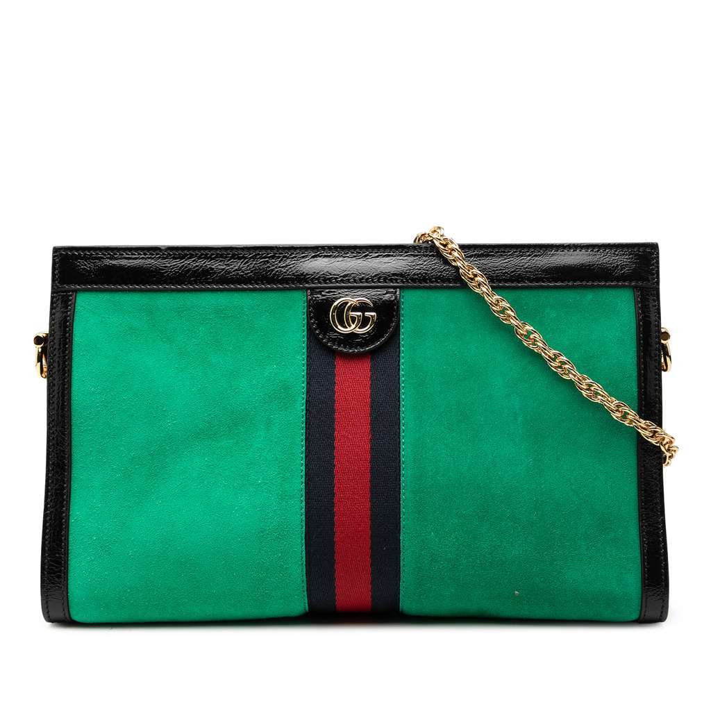 Gucci Medium Suede Web Ophidia Chain Shoulder Bag Green Leather Very good - Front View