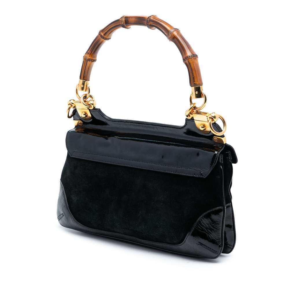 Gucci Suede and Patent Peggy Bamboo Top Handle Bag Black Leather Very good condition - Back View