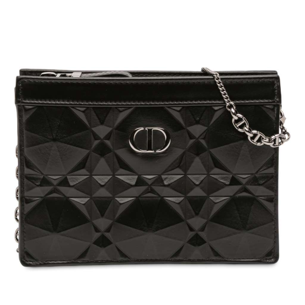 Dior Calfskin Macrocannage Diamond Caro Zipped Pouch With Chain Black Leather Good condition - Front View
