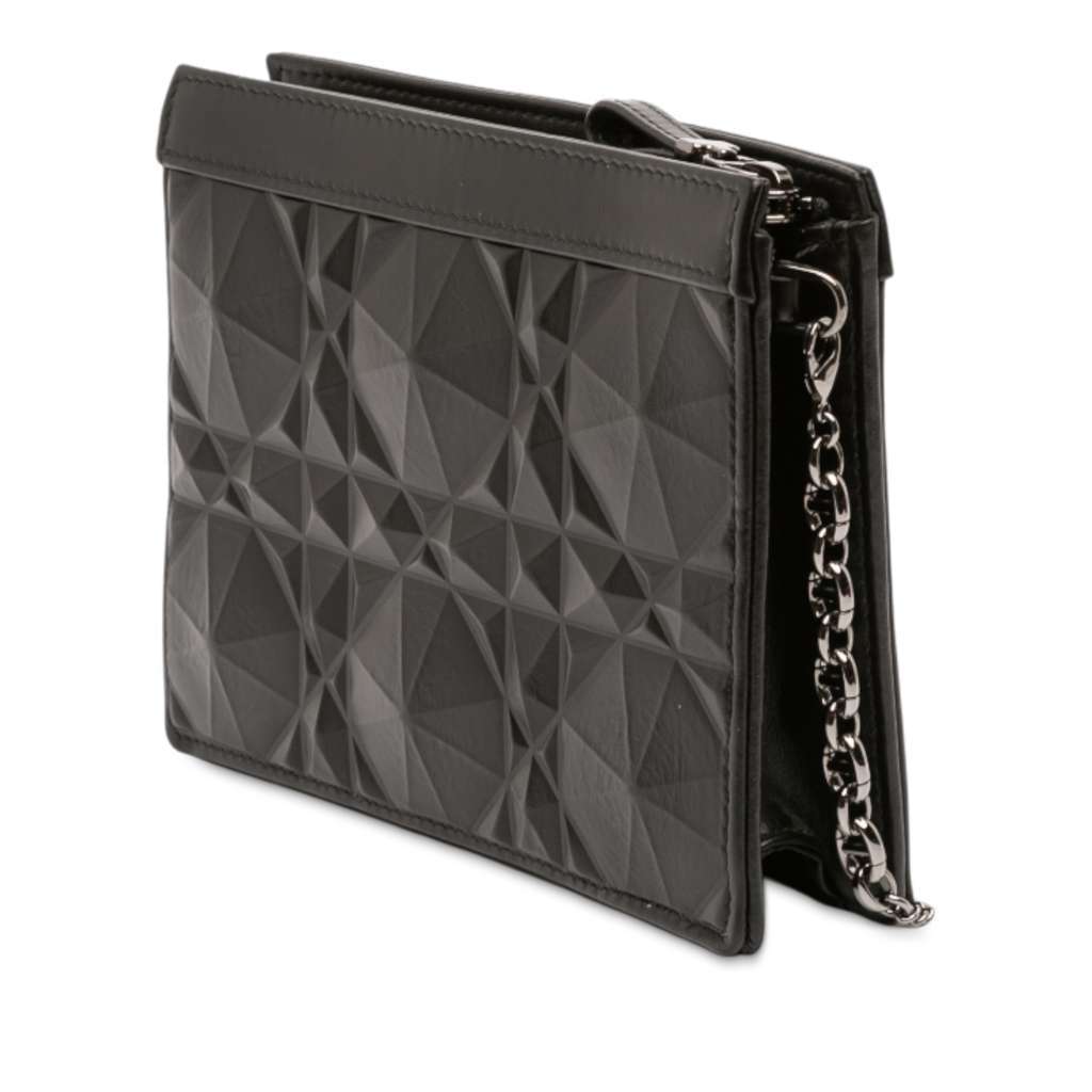 Dior Calfskin Macrocannage Diamond Caro Zipped Pouch With Chain Black Leather Good condition - Back View