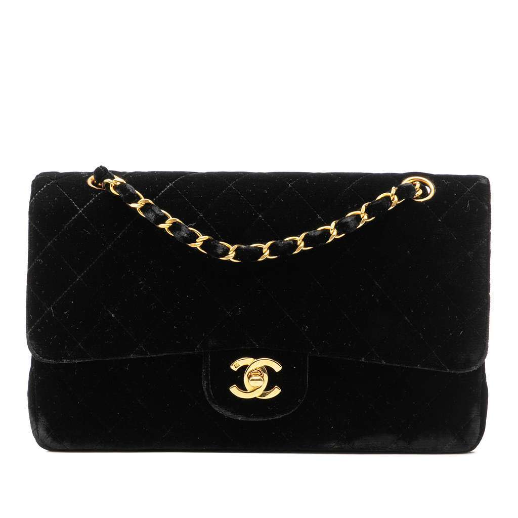 Chanel Medium Classic Velvet Double Flap Black Velvet Good - Front View