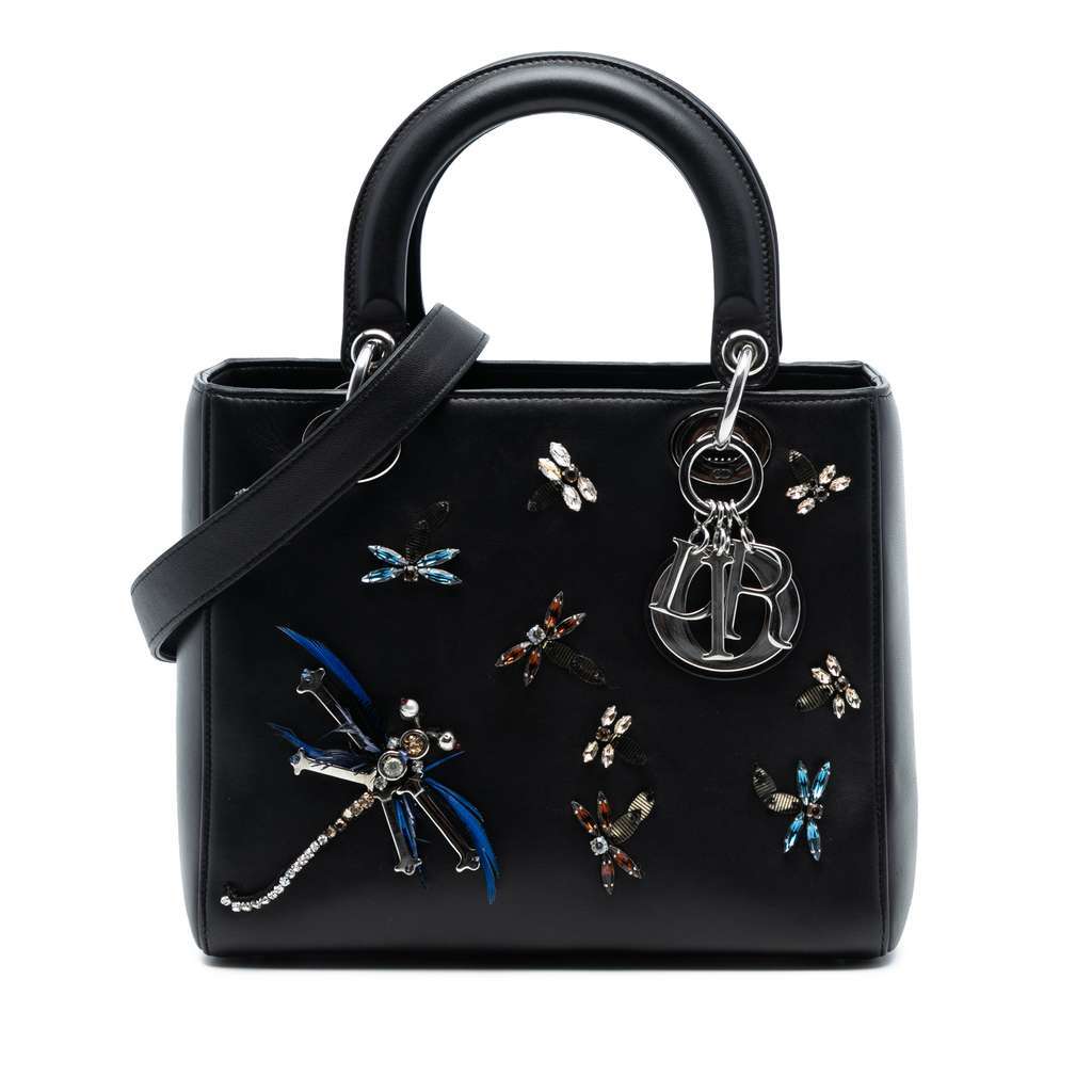 Dior Medium Calfskin Dragonfly Embellished Lady Dior Black Leather Very good - Front View