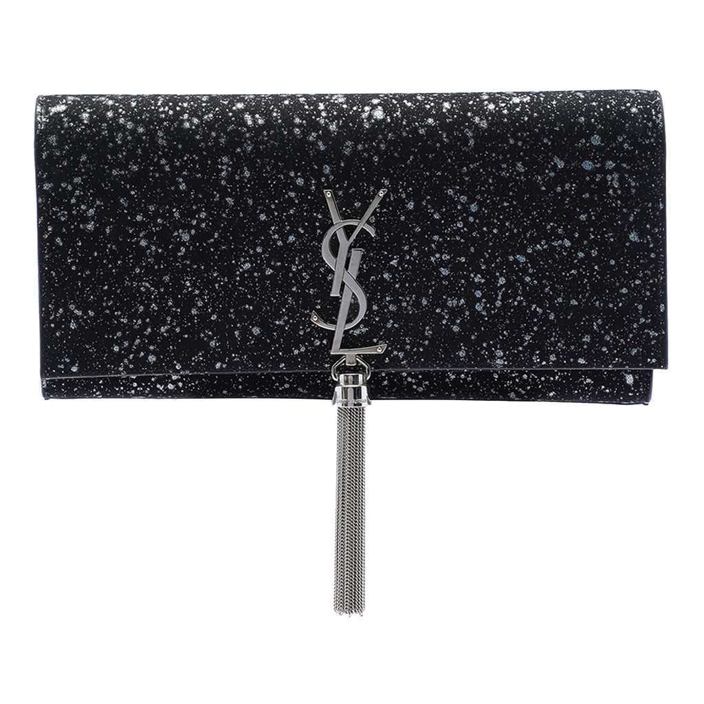 Saint Laurent Glittered Suede Monogram Kate Tassel Clutch Black Leather Good - Front View