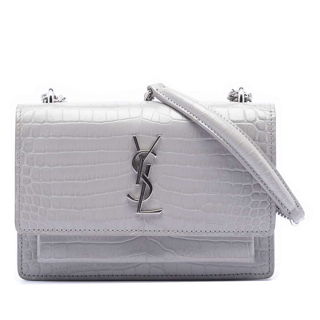 Saint Laurent Mini Croc Embossed Leather Monogram Sunset Wallet on Chain Grey Leather Very good condition - Front View