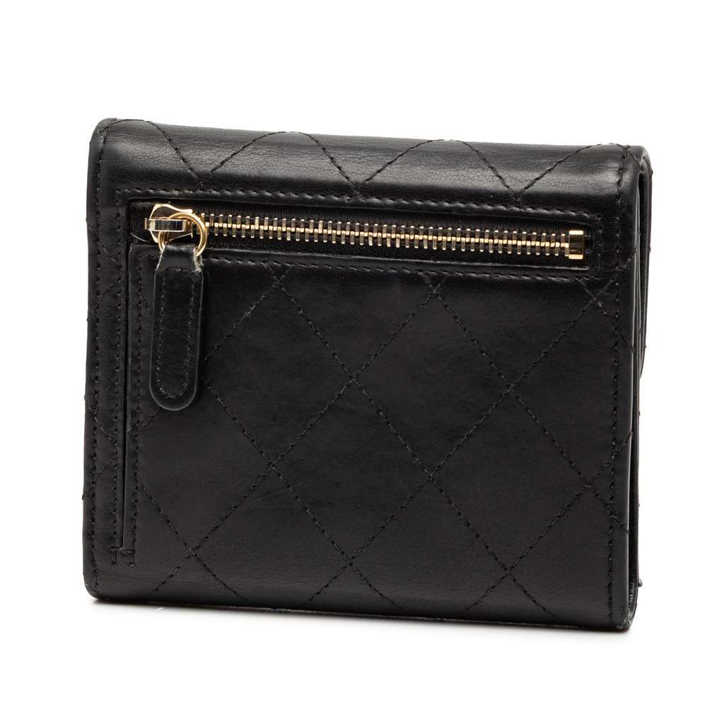 Chanel CC Quilted Lambskin Trifold Wallet Black Leather Good - Back View