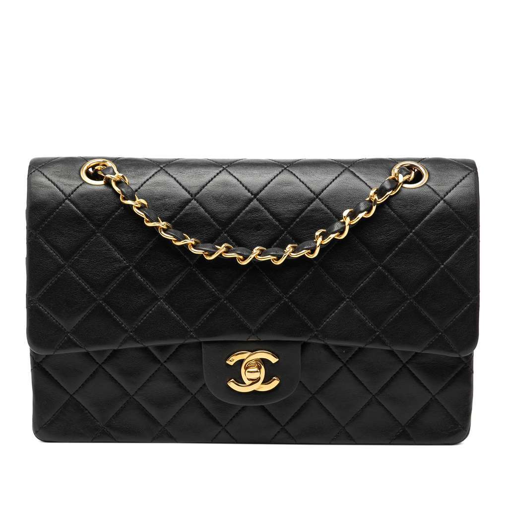 Chanel Medium Classic Lambskin Double Flap Black Leather Good - Front View