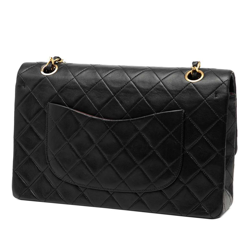 Chanel Medium Classic Lambskin Double Flap Black Leather Good - Back View