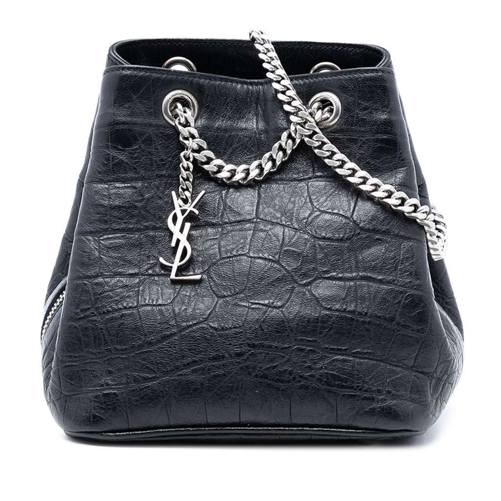 Saint Laurent Baby Crocodile Embossed Calfskin Emmanuelle Bucket Bag Black Leather Good - Front View