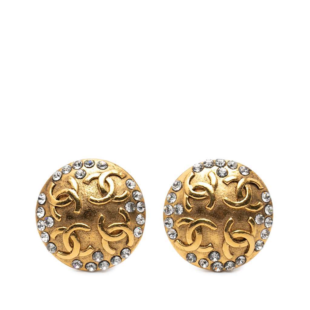 Chanel Gold Plated CC Crystal Round Clip On Earrings Gold Metal Very good - Front View